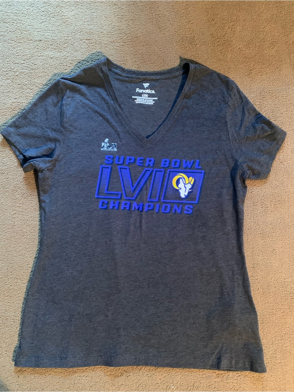 Fanatics Women's Gray Super Bowl LVI Champions L.A. Rams V-Neck Tee